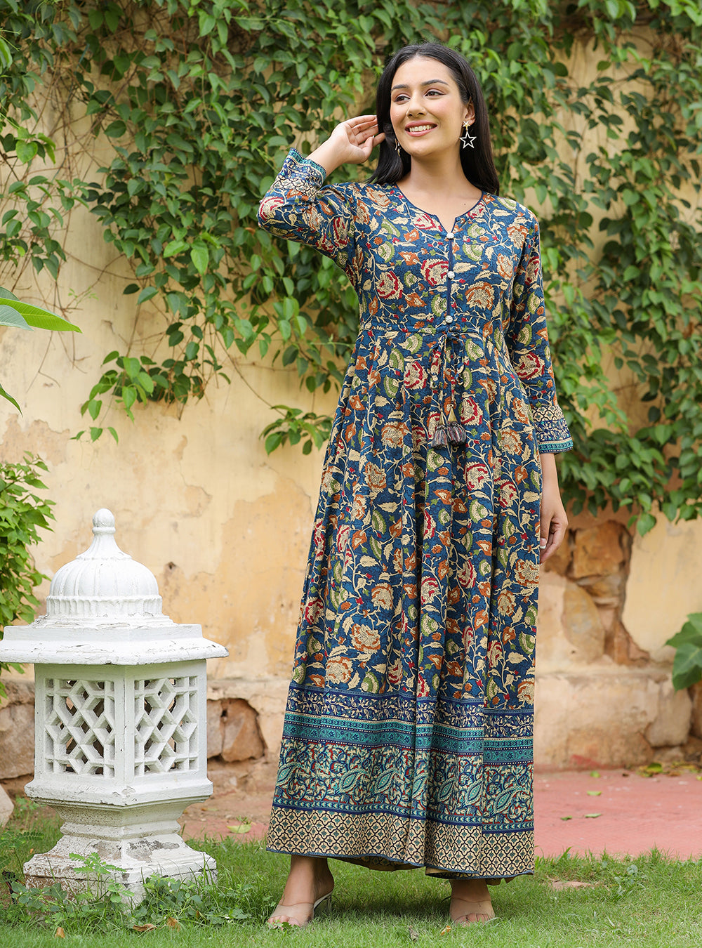 Sandal Wood Kalamkari A-line Kurta WA324A | A line kurta, Cotton long  dress, New designer dresses